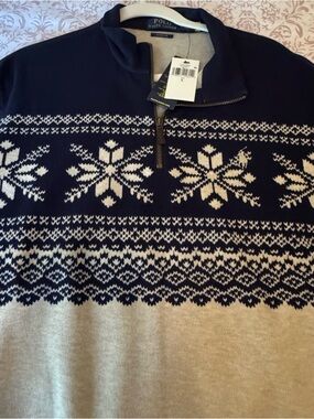 Polo by Ralph Lauren Navy and Cream Fair Isle Half-Zip Sweater